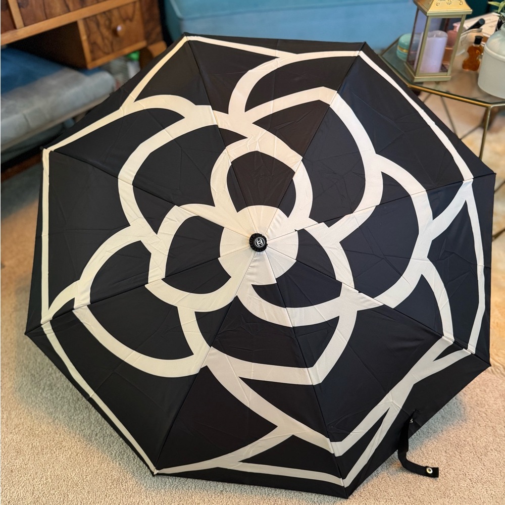 CHANEL Black Camelia Umbrella with Quilted Pouch and Silver Chain